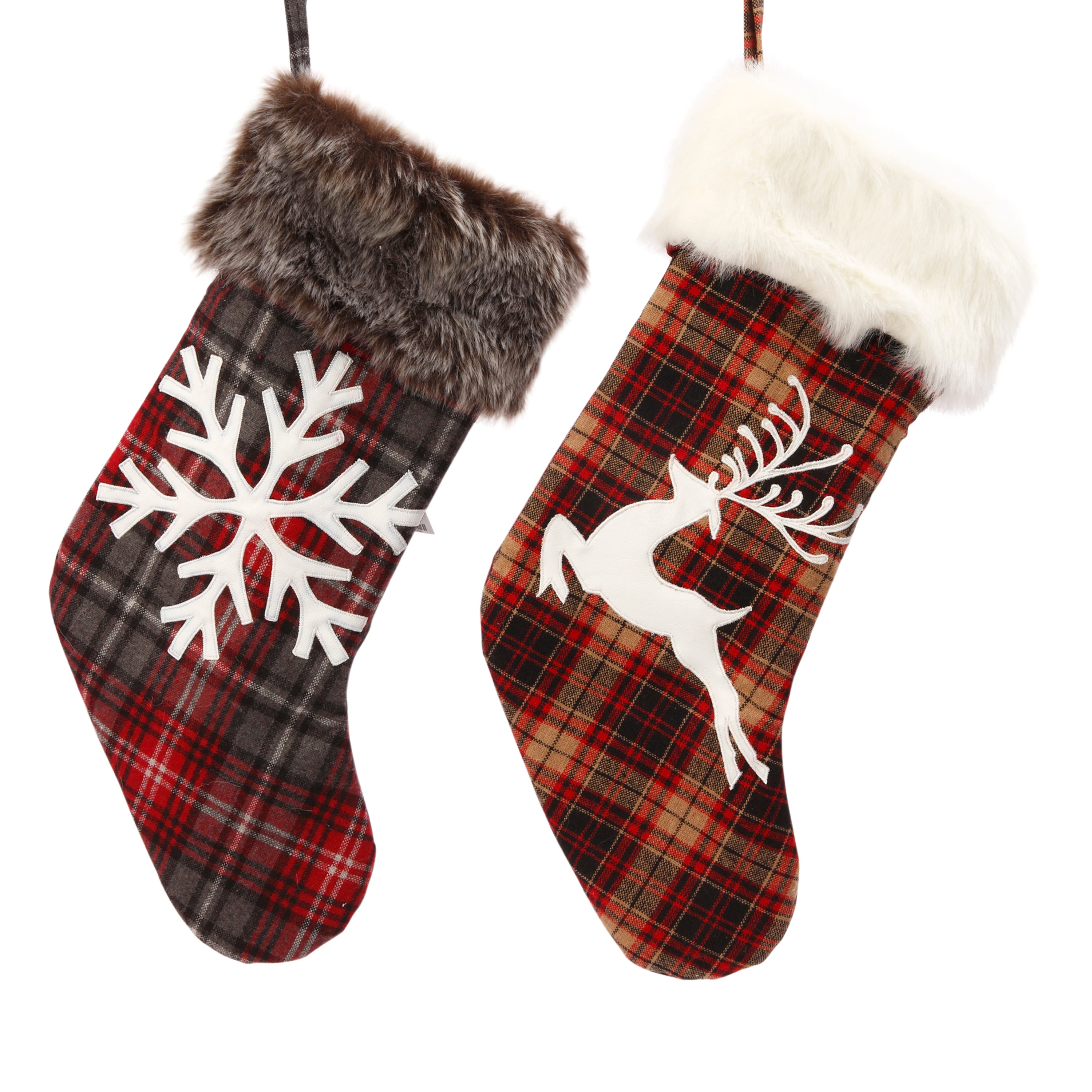 Set of 4 Christmas Holiday Stockings, Faux Fur Buffalo Plaid